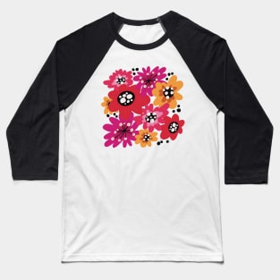 Fun flowerpower pattern in 1970-style, orange, red, pink, black, peach Baseball T-Shirt